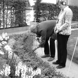 Blinde Besucher bei einer Führung mit FM-Techik in der Bundeskunsthalle Bonn durch eine Nachbildung eines Aussschnitts des Garten von Max Liebermann in Beerlin Wannsee
